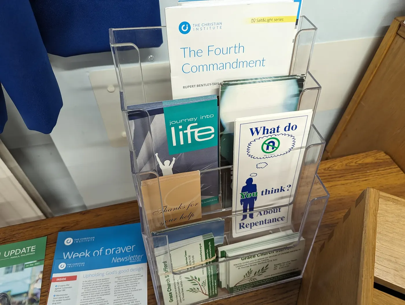 A display stand of gospel tracts and leaflets