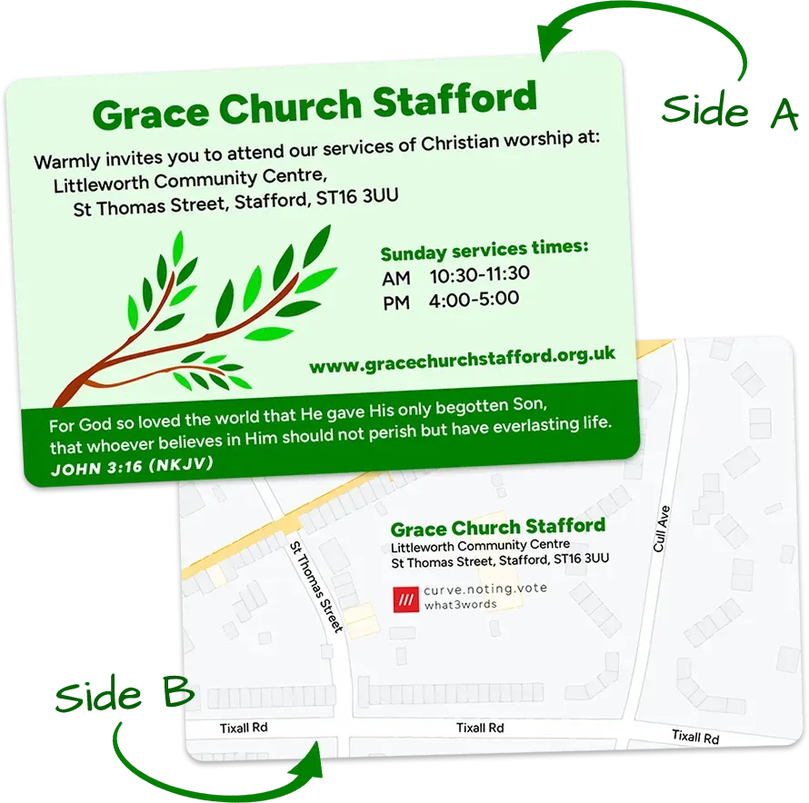 Both sides of the Grace Church Stafford invitation tract, showing service times, John 3:16 and a map